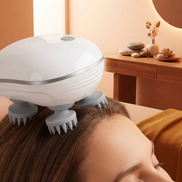 Electric scalp massager massaging a person's head in a warm, minimalist spa setting.